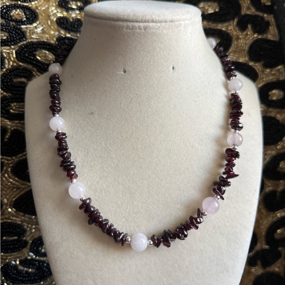 Handmade Garnet & Rose Quartz Natural Stone Necklace and Bracelet Set